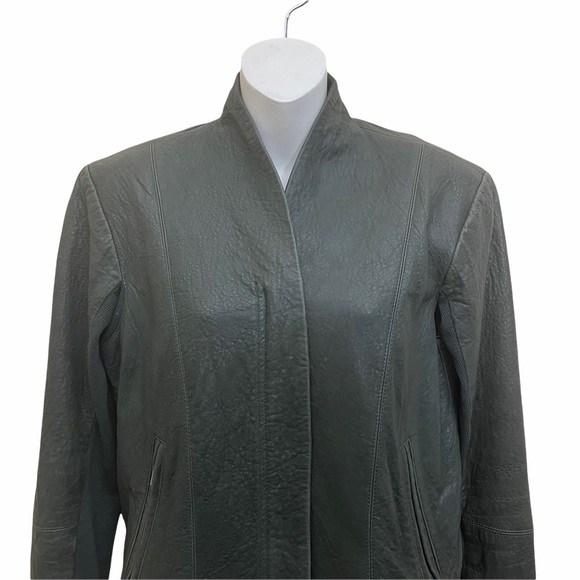 VEDA Leather Biker Jacket Dark Olive Green Size Large - Picture 2 of 15